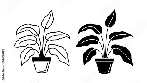 Indoor plant icon set with outline and solid style for home decor nature and lifestyle concept