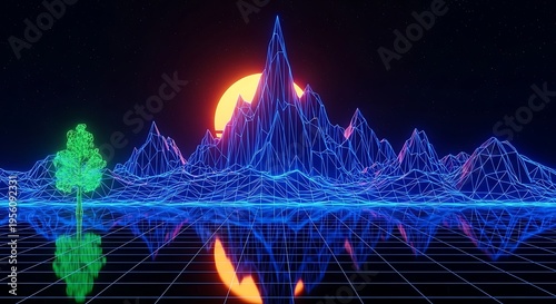 Wallpaper Mural Neon mountain range with glowing tree and moon at night Torontodigital.ca