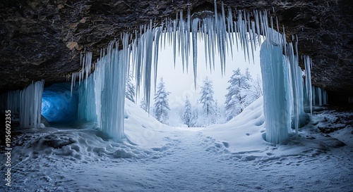 Wallpaper Mural Ice cave with icicles and snowy trees in winter landscape Torontodigital.ca