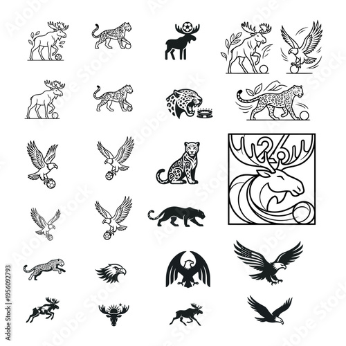 World Cup 2026 Mascot-Inspired Silhouettes: Moose, Jaguar, Eagle, Black, and White Vector Set