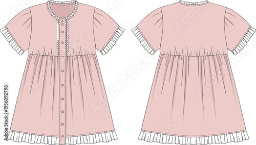 Girls dress front and back technical drawing with buttons pleats frill sleeves children fashion design, cad drawing flat vector illustration