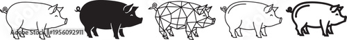 Five stylized pigs with varying artistic designs and shading techniques
