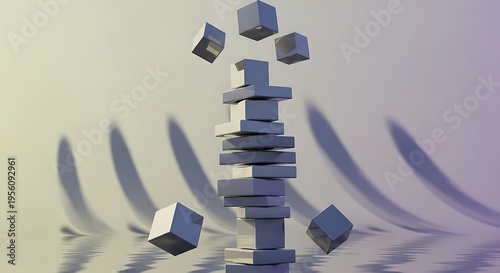 Wallpaper Mural Grey blocks falling down in a precarious tower structure with shadows on a reflective surface Torontodigital.ca