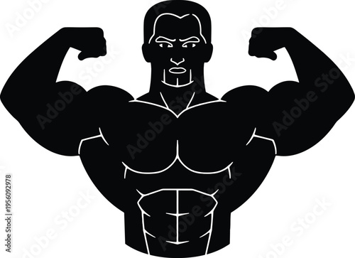Strong muscular bodybuilder athlete training with heavy dumbbell to build biceps and power in a gym fitness cartoon illustration