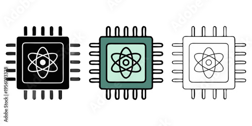 Quantum Processor and quantum computer Scientific Research Triptych Vector Icon Variations