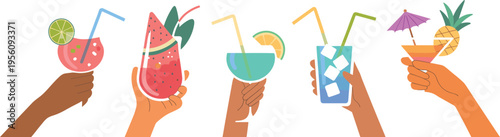 Hands holding tropical summer drinks collection, fresh fruit cocktails illustration, colorful beverage set, refreshing party vector design