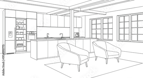 Modern Minimalist Kitchen and Living Room Interior Line Art Illustration featuring Kitchen Island with Bar Stools Refrigerator Cabinets Large Windows and Cozy Lounge Chairs
