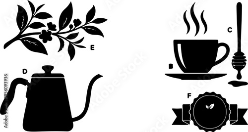 Simple black tea set with cup and saucer, hot drink in cafe style vector illustration