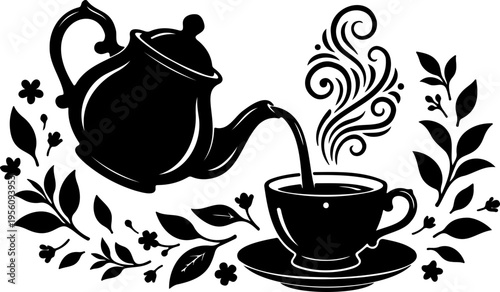 White ceramic teapot with matching teacup and saucer set for hot tea drink isolated on background