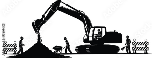 Silhouette of a heavy hydraulic excavator machine working at a construction site with worker figures using wheelbarrows and shovels near safety barriers for industrial project development.