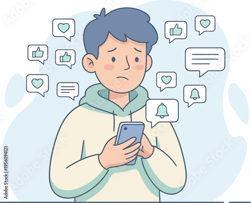 Digital Wellness Support for Anxiety Young Man Stressed by Smartphone Notifications Flat Vector Illustration