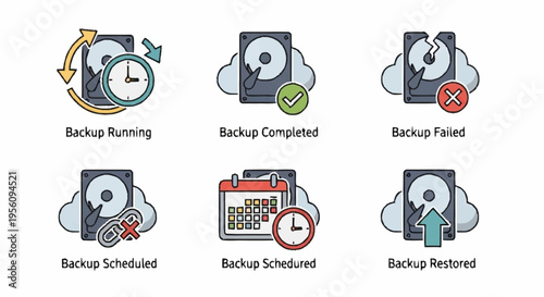 Cloud backup status icons set.