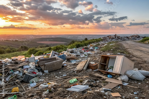 Illegal landfill on hillside at sunset
