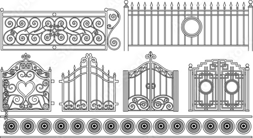 Wrought iron gate and fence silhouette set featuring decorative metal railing vector designs, ornamental scrollwork, vintage architectural garden entrance details, and antique steel barrier elements.