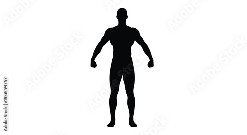 Black silhouette of a strong muscular man standing in powerful stance isolated on white background for fitness motivation and sports concept