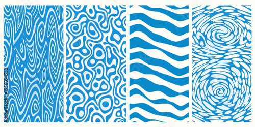 Abstract blue patterns in vertical panels showcasing diverse textural designs