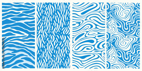 Abstract blue patterns swirling lines and textured designs in vertical panels