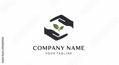 Eco friendly hands holding green leaves logo.