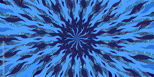 Abstract blue and dark blue radial burst pattern with halftone texture