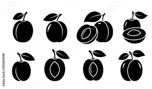 Plum silhouette icon collection with whole and sliced fruit shapes in modern minimal vector style isolated on white background