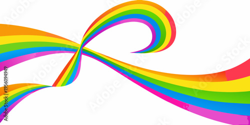 A vibrant colorful ribbon swirls and curves across a white background