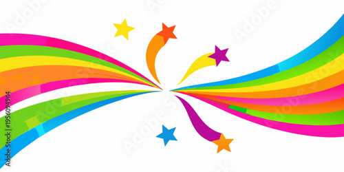 Colorful rainbow burst with shining stars and vibrant sweeping arcs