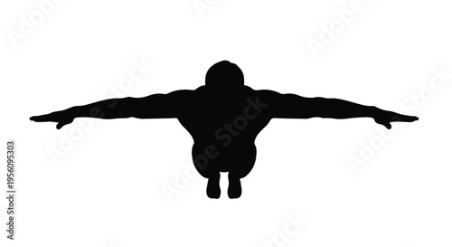 Black silhouette of person jumping with arms outstretched in mid-air on white background, freedom and joy concept