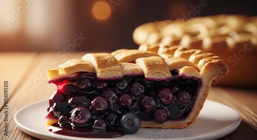 Delicious blueberry pie slice on white plate perfect for National Blueberry Pie Day