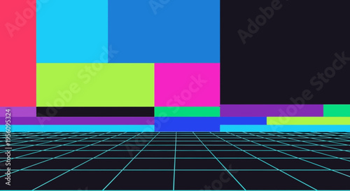 A vibrant 90s-style vector graphic design with editable, isolated elements on a white background, showcasing a colorful grid pattern.