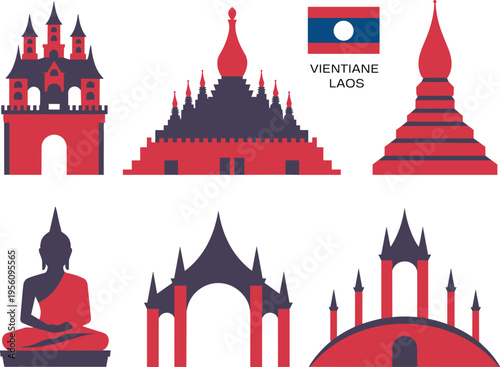 Laos landmarks illustration set, Vientiane architecture temples and monuments collection, Asian cultural travel icons, flat vector design