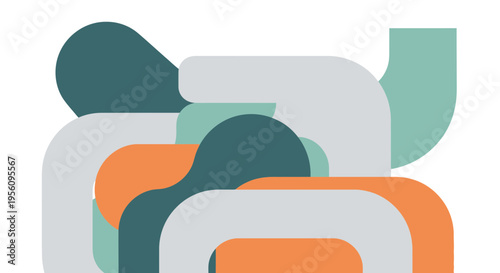 An editable svg illustration of a modern interconnected system with isolated shapes on a white background, forming a stylized graphic design.