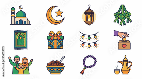 A set of twelve colorful icons related to Islamic holidays and culture includes a mosque, crescent moon, lantern, dates, prayer rug, gift, and hands donating money.