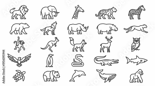 A collection of various wildlife and jungle animal line icons displays diverse species outlines against a white background.