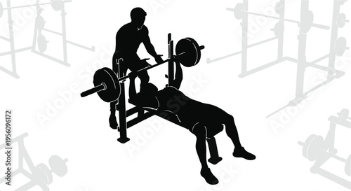Silhouette of young man lifting weights on bench press with spotter at gym fitness center indoor