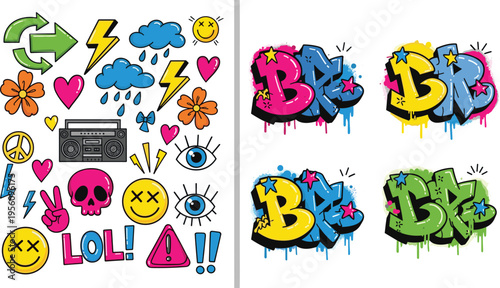 Colorful graffiti doodle sticker elements and dripping spray paint bubble letter set urban street art vector collection