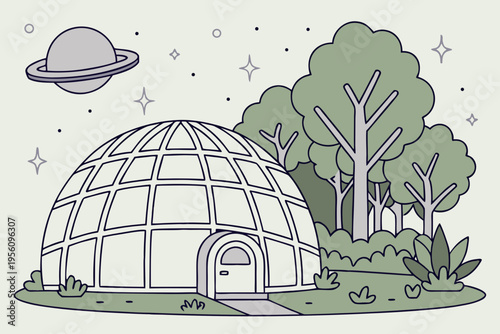 Space colony greenhouse cartoon background simple vector illustration