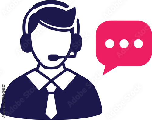 Customer support service agent headset operator with chat bubble helpdesk assistance communication flat vector illustration icon design