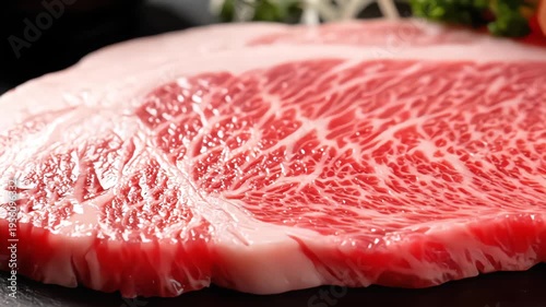 Extreme close up of premium raw marbled beef steak showing intricate fat texture and fresh red meat on a dark plate