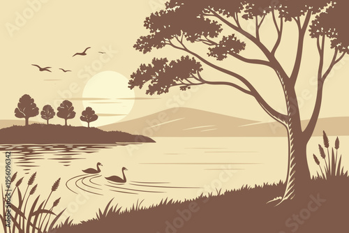 Romantic lakeside sunset cartoon background simple vector illustration