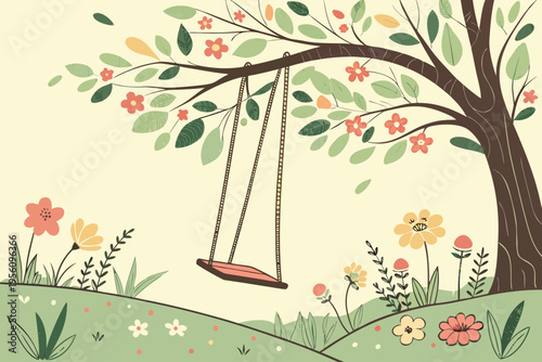 Spring garden swing cartoon background simple vector illustration