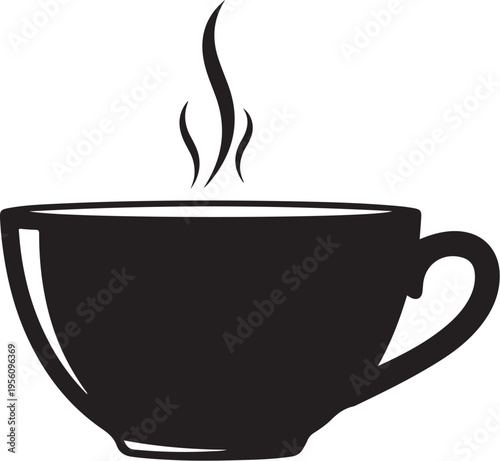 Black coffee cup icon, steaming hot beverage, vector silhouette, cafe symbol