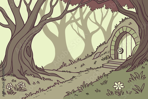 Fantasy portal forest cartoon background simple vector illustration