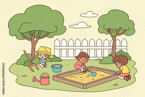 Backyard sandbox play area cartoon simple vector illustration