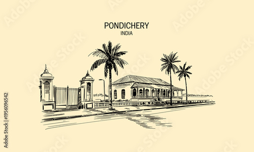 Pondicherry India Colonial Building Sketch architecture