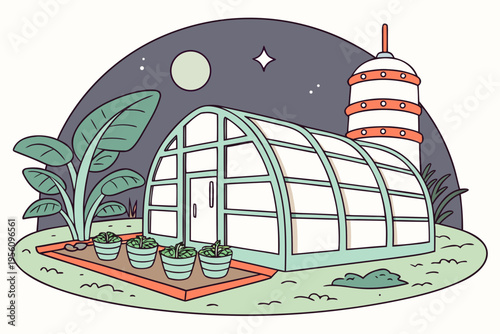 Greenhouse in a space colony cartoon background simple vector illustration