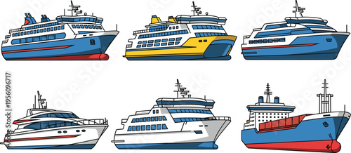 Ferry ship vector set passenger transport vessels cruise boat maritime navigation sea transportation colored outline collection illustration