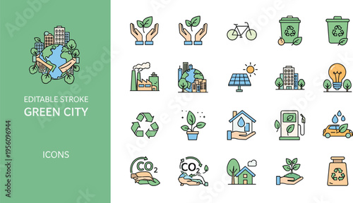 Green city eco icon set vector sustainability recycling renewable energy solar transport environment editable stroke collection symbols design