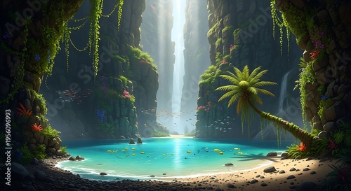 Wallpaper Mural Tropical waterfall oasis with turquoise pool and palm tree Torontodigital.ca