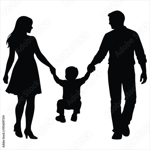 A silhouette of a family with a child in the middle