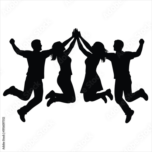 Four people jumping in the air with their hands together